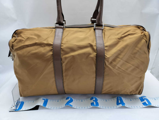 PRADA V19S Triangle Logo Boston Bag in Tessuto Nylon and Saffiano Leather, Brown, Factory Tag 44, Zippered, with Factory Tag #44.