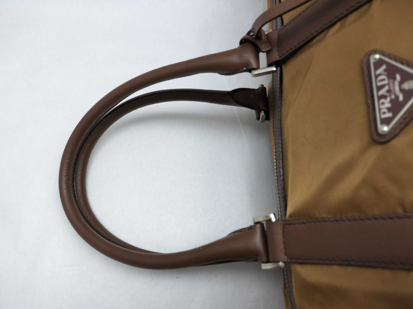 PRADA V19S Triangle Logo Boston Bag in Tessuto Nylon and Saffiano Leather, Brown, Factory Tag 44, Zippered, with Factory Tag #44.