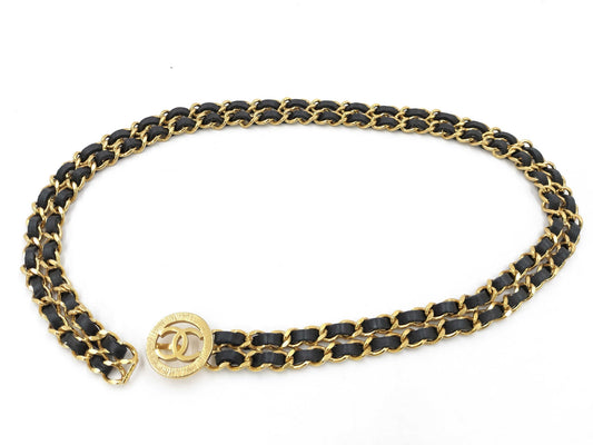 CHANEL Accessories Chanel Coco Mark Vintage Lambskin Leather Gold Chain Belt