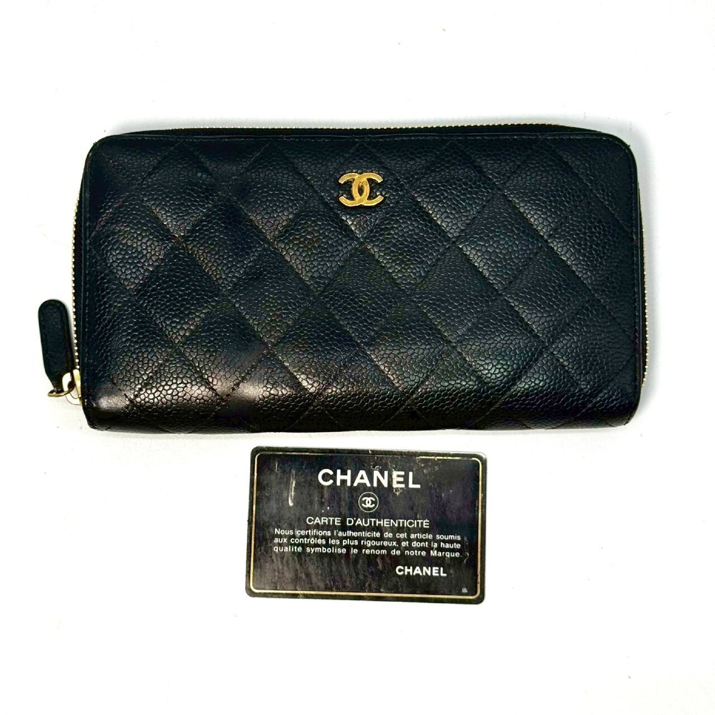 CHANEL Matelasse Caviar Leather Round Zip Long Wallet, Black, 19294662, with Guarantee Card