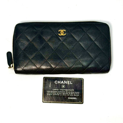 CHANEL Matelasse Caviar Leather Round Zip Long Wallet, Black, 19294662, with Guarantee Card