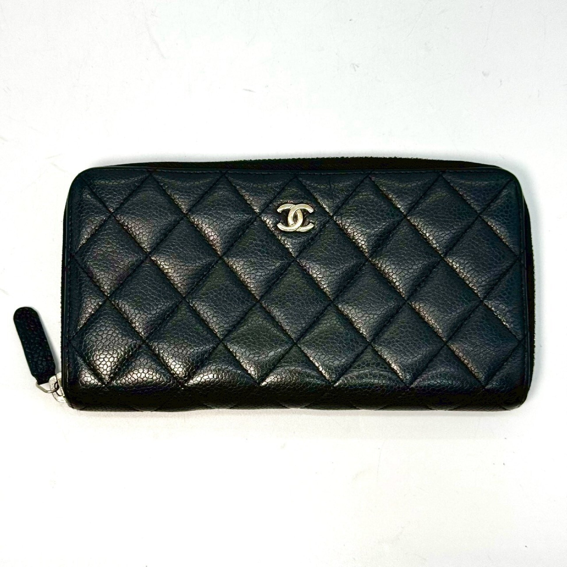 CHANEL Matelasse Caviar Leather Round Zip Long Wallet, Black, 16777969