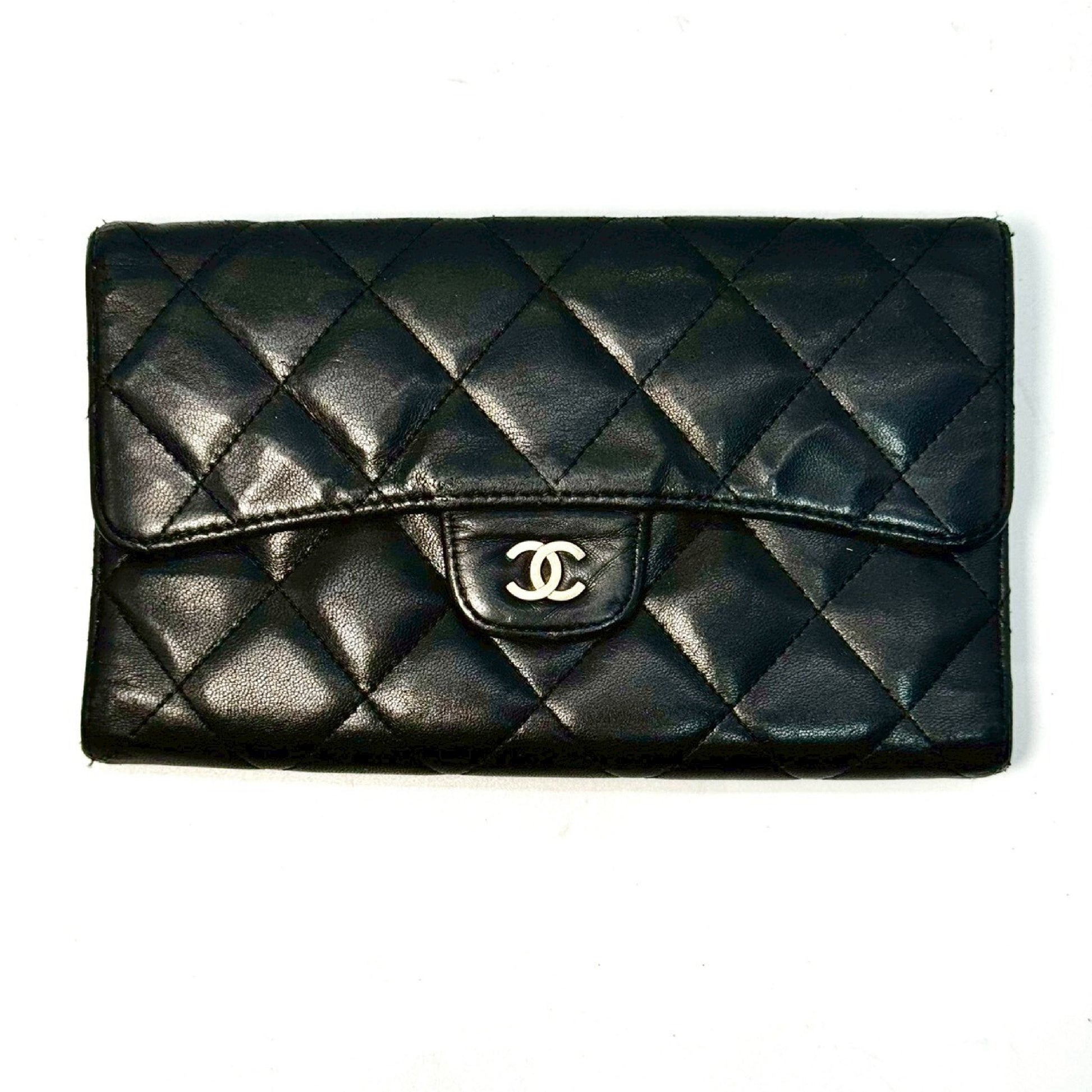 CHANEL Matelasse Timeless Classic Lambskin Tri-fold Long Wallet, Black, 11053742