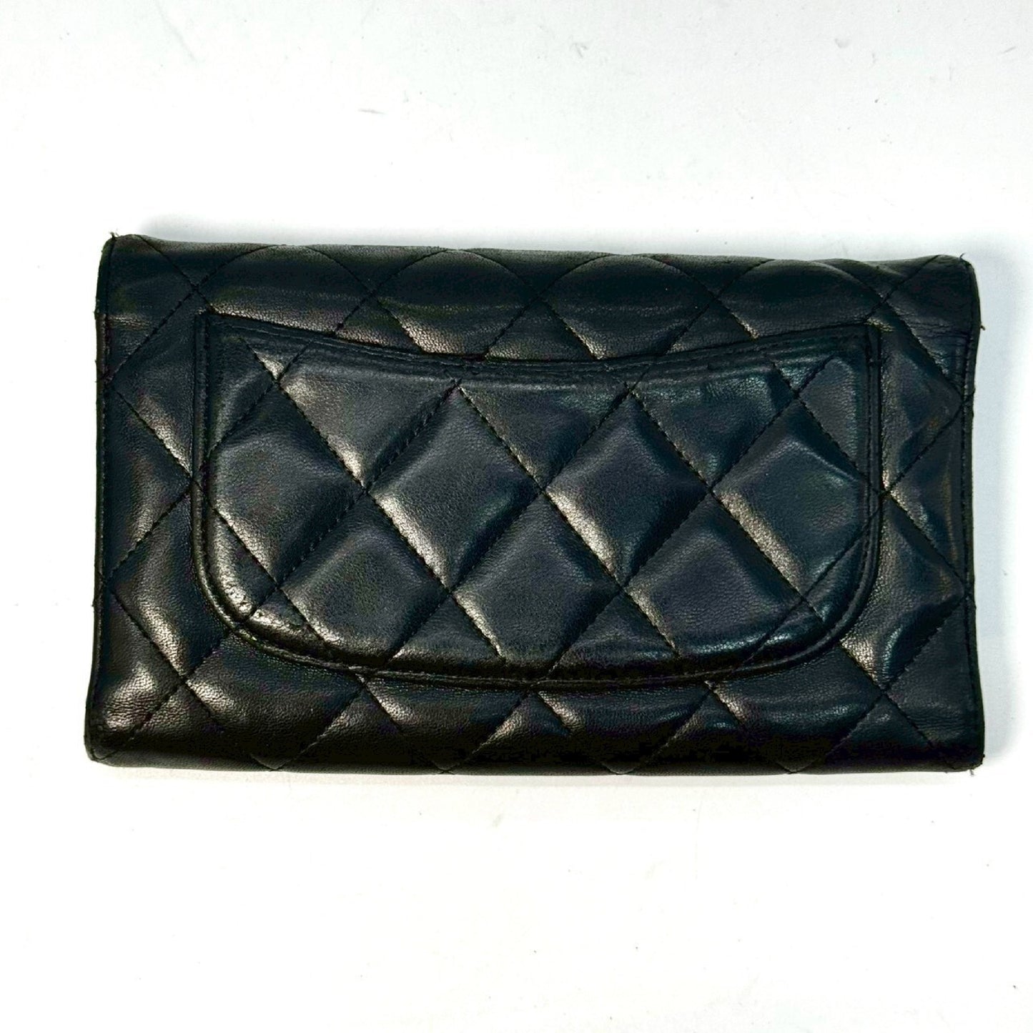 CHANEL Matelasse Timeless Classic Lambskin Tri-fold Long Wallet, Black, 11053742
