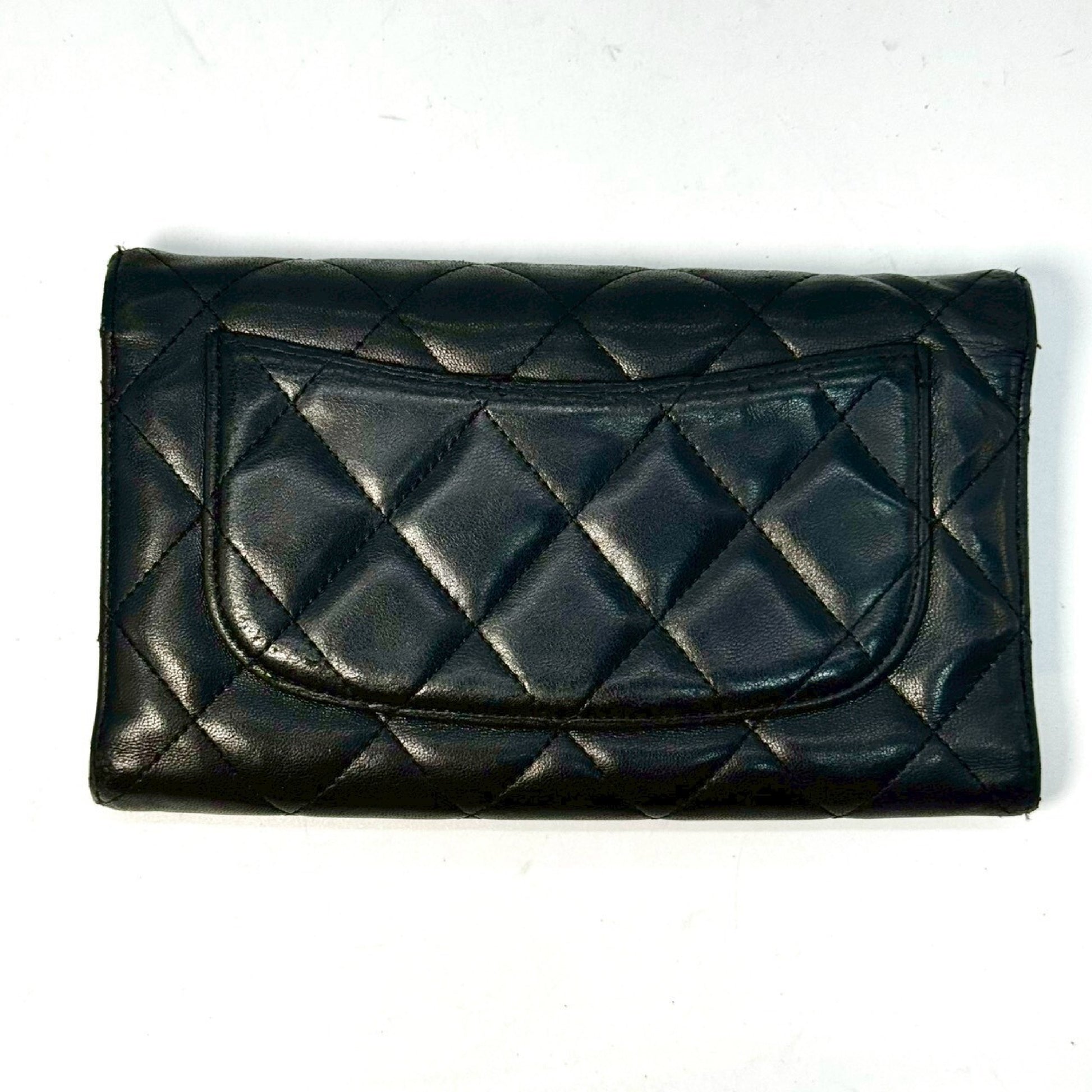 CHANEL Matelasse Timeless Classic Lambskin Tri-fold Long Wallet, Black, 11053742