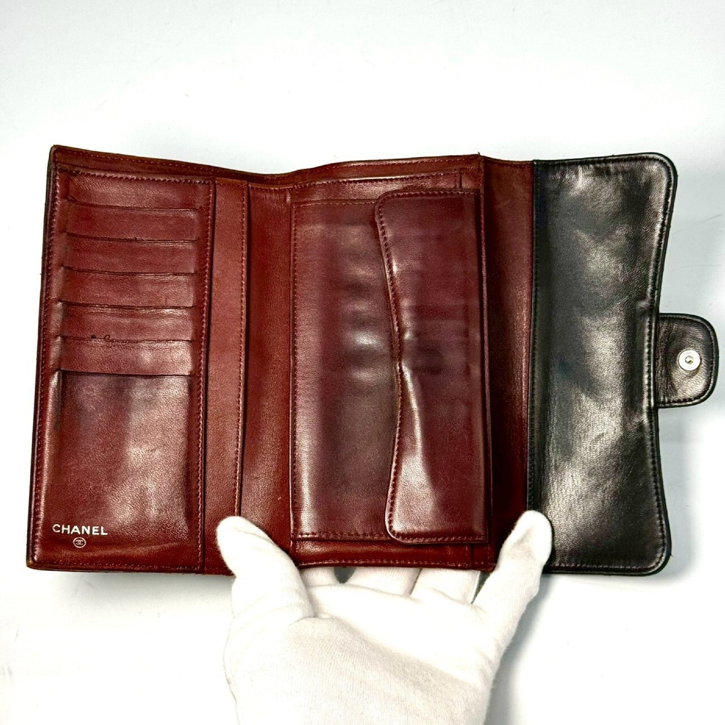 CHANEL Matelasse Timeless Classic Lambskin Tri-fold Long Wallet, Black, 11053742