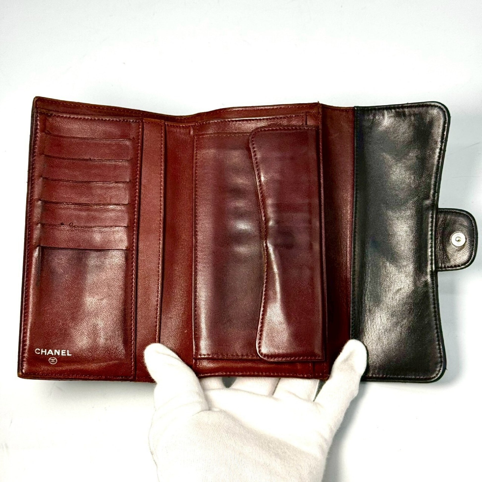 CHANEL Matelasse Timeless Classic Lambskin Tri-fold Long Wallet, Black, 11053742