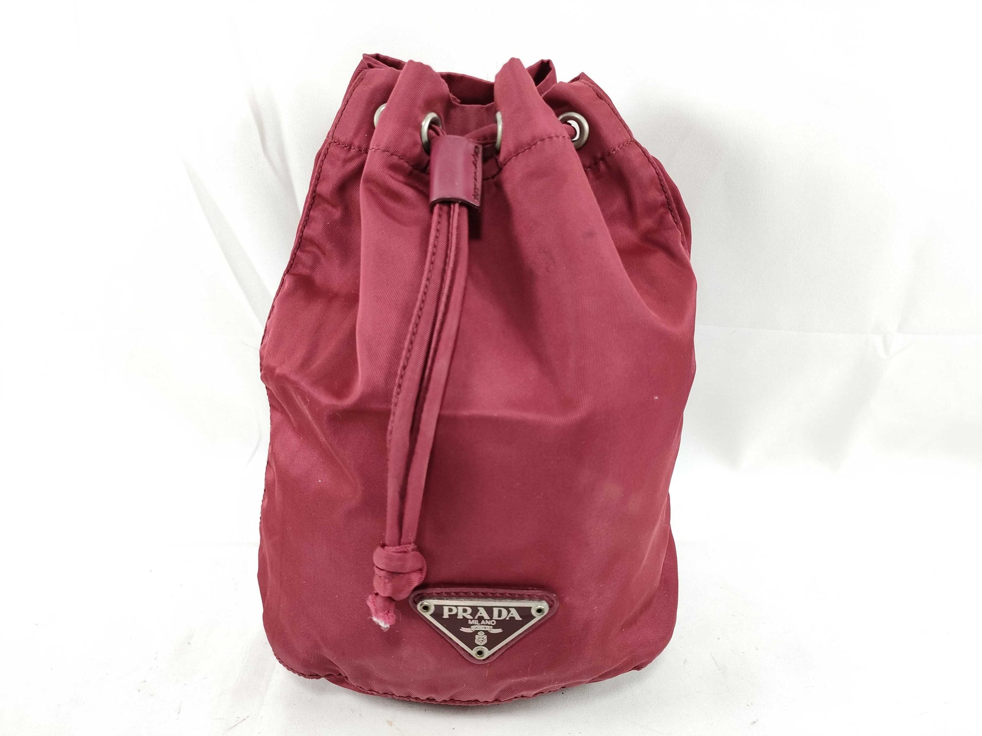 PRADA PRADA Prada Drawstring Pouch with Triangular Logo Plate, Red