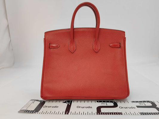 HERMES Birkin 25 Togo Red Handbag with Silver Hardware and J Stamp