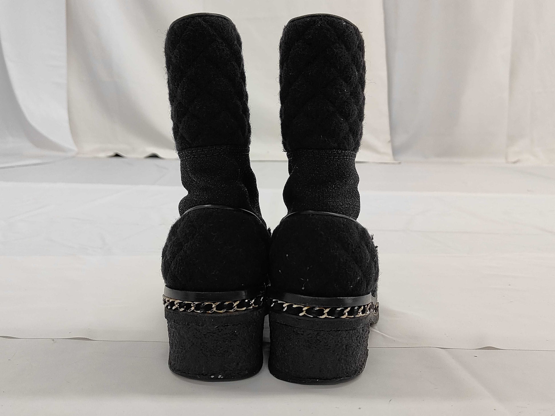 CHANEL Tweed Boots, Black, Chain Sole, Size 38, Other Shoes