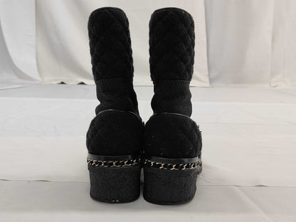 CHANEL Tweed Boots, Black, Chain Sole, Size 38, Other Shoes