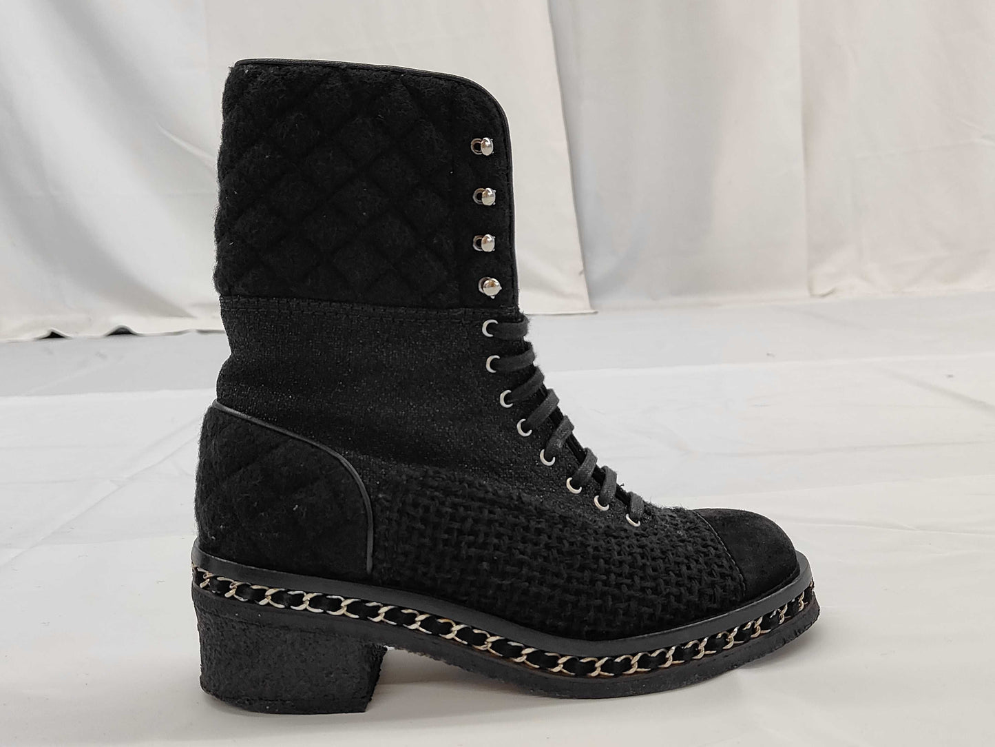 CHANEL Tweed Boots, Black, Chain Sole, Size 38, Other Shoes