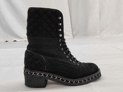 CHANEL Tweed Boots, Black, Chain Sole, Size 38, Other Shoes