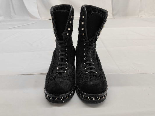 CHANEL Tweed Boots, Black, Chain Sole, Size 38, Other Shoes