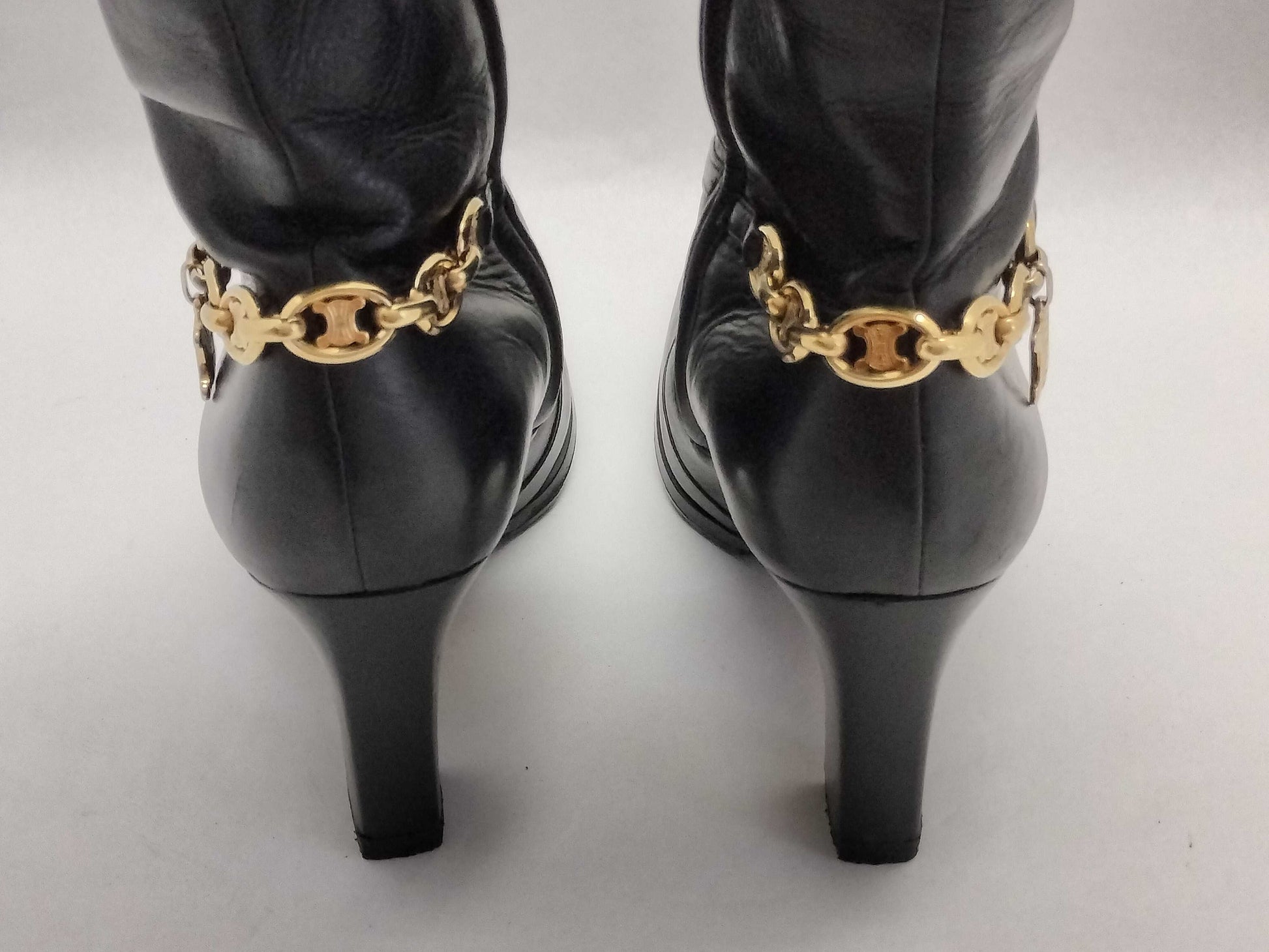 CELINE Long Boots with Macadam Chain Heel, Leather, Size 37, Other Shoes