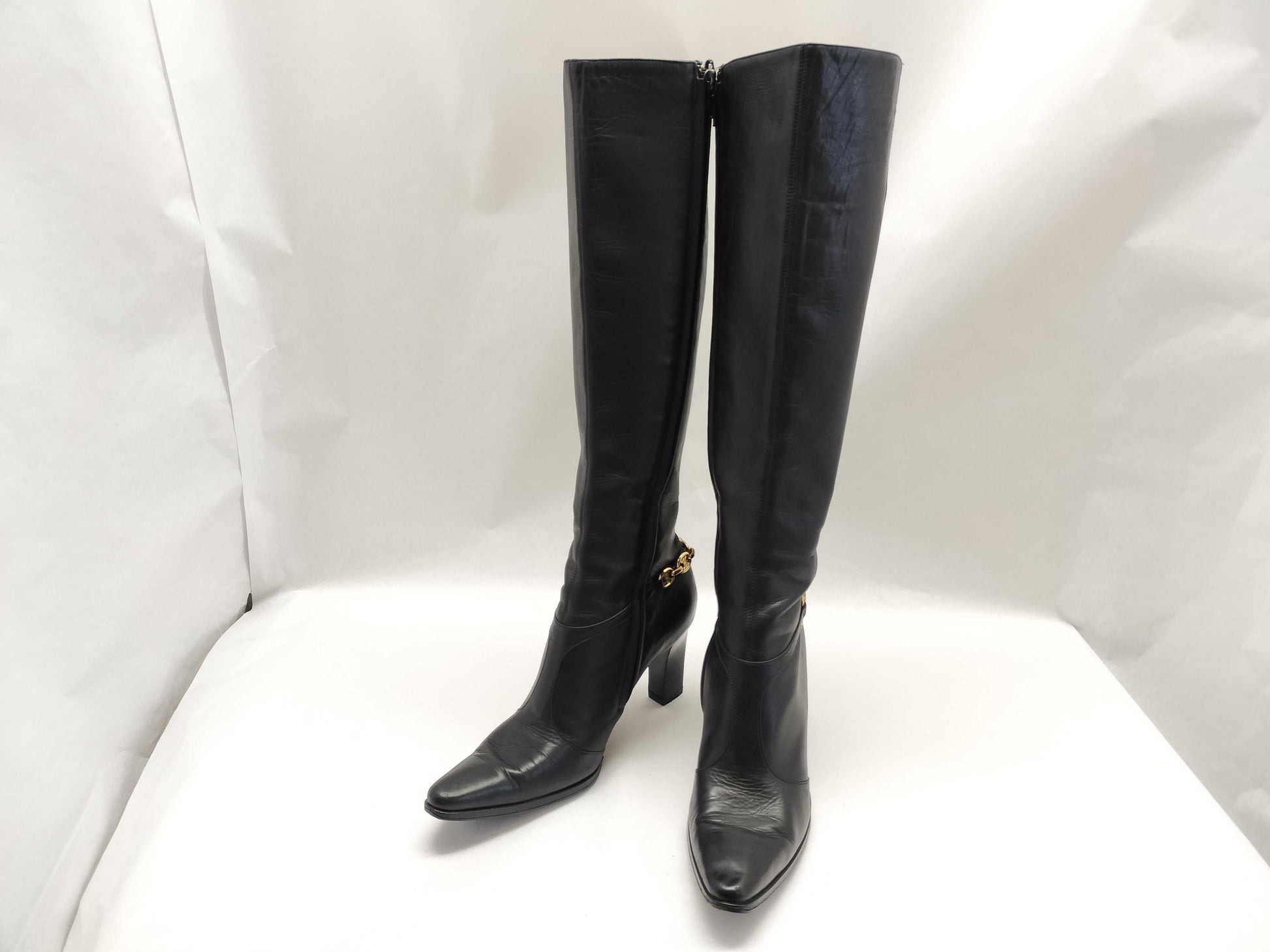 CELINE Long Boots with Macadam Chain Heel, Leather, Size 37, Other Shoes