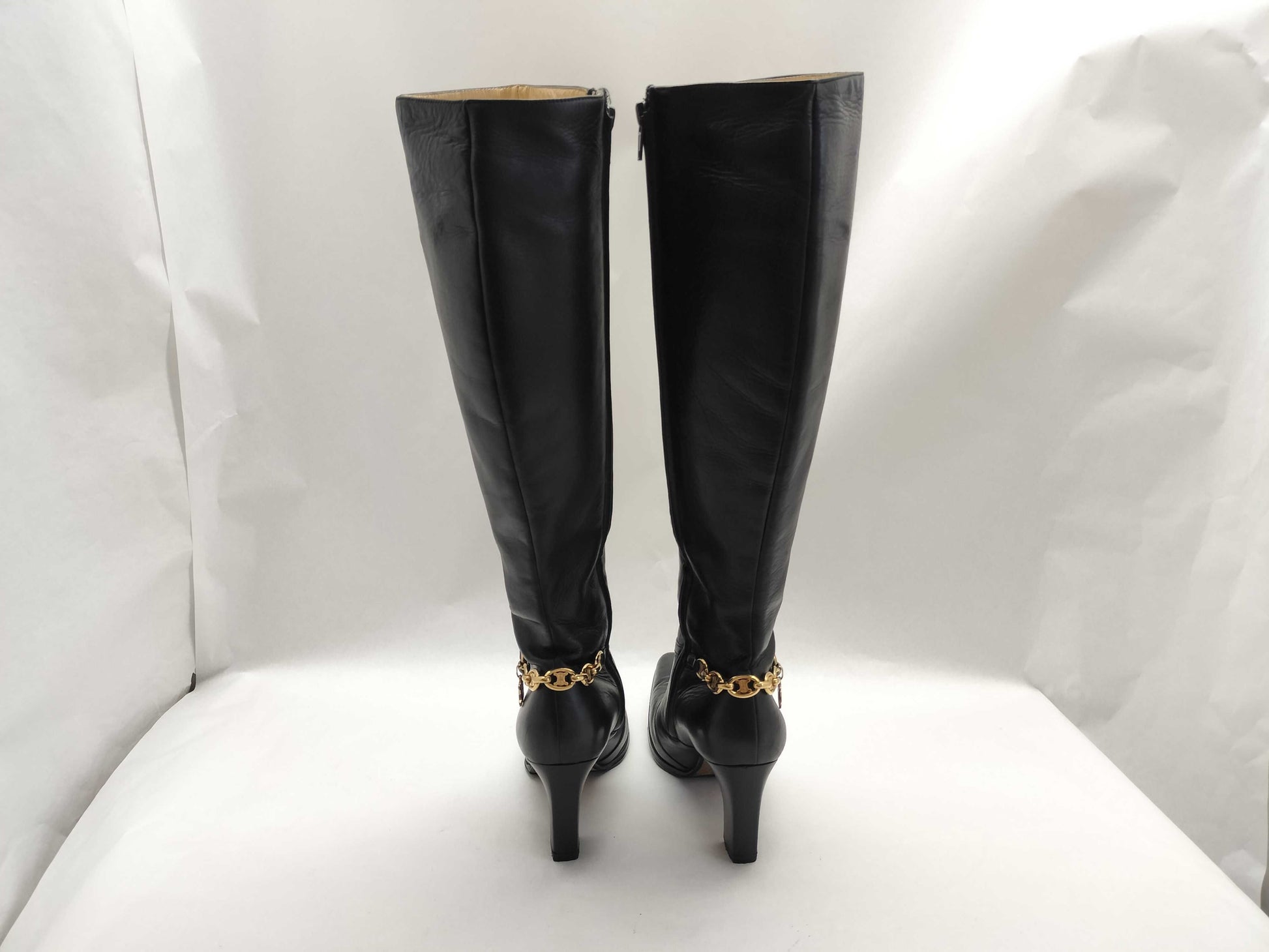 CELINE Long Boots with Macadam Chain Heel, Leather, Size 37, Other Shoes
