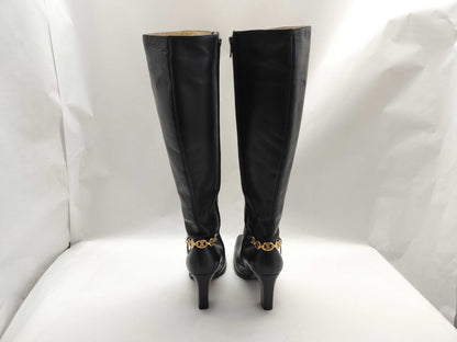 CELINE Long Boots with Macadam Chain Heel, Leather, Size 37, Other Shoes