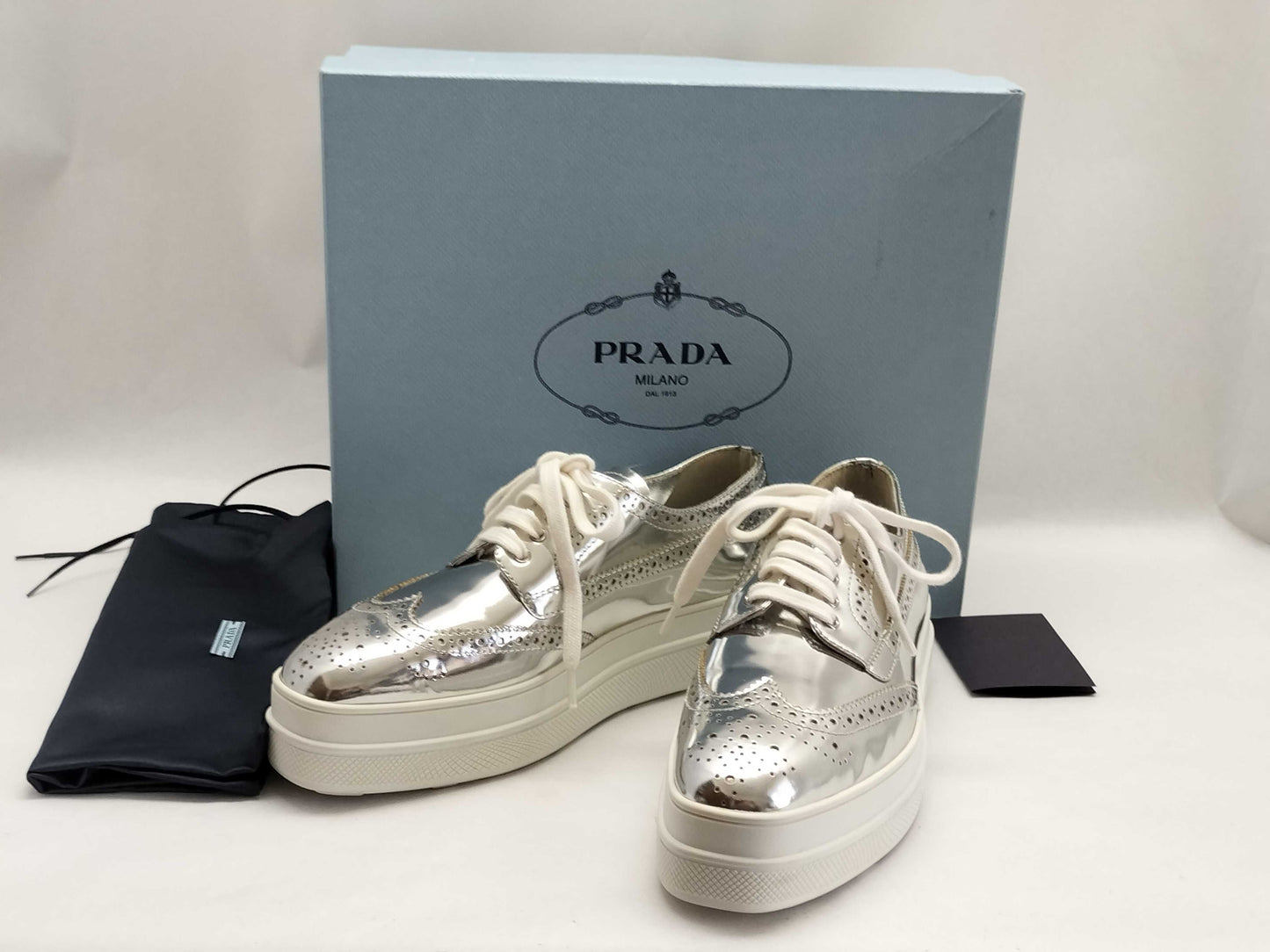 PRADA PRADA Leather Wingtip Sneakers Silver Size 36 1/2