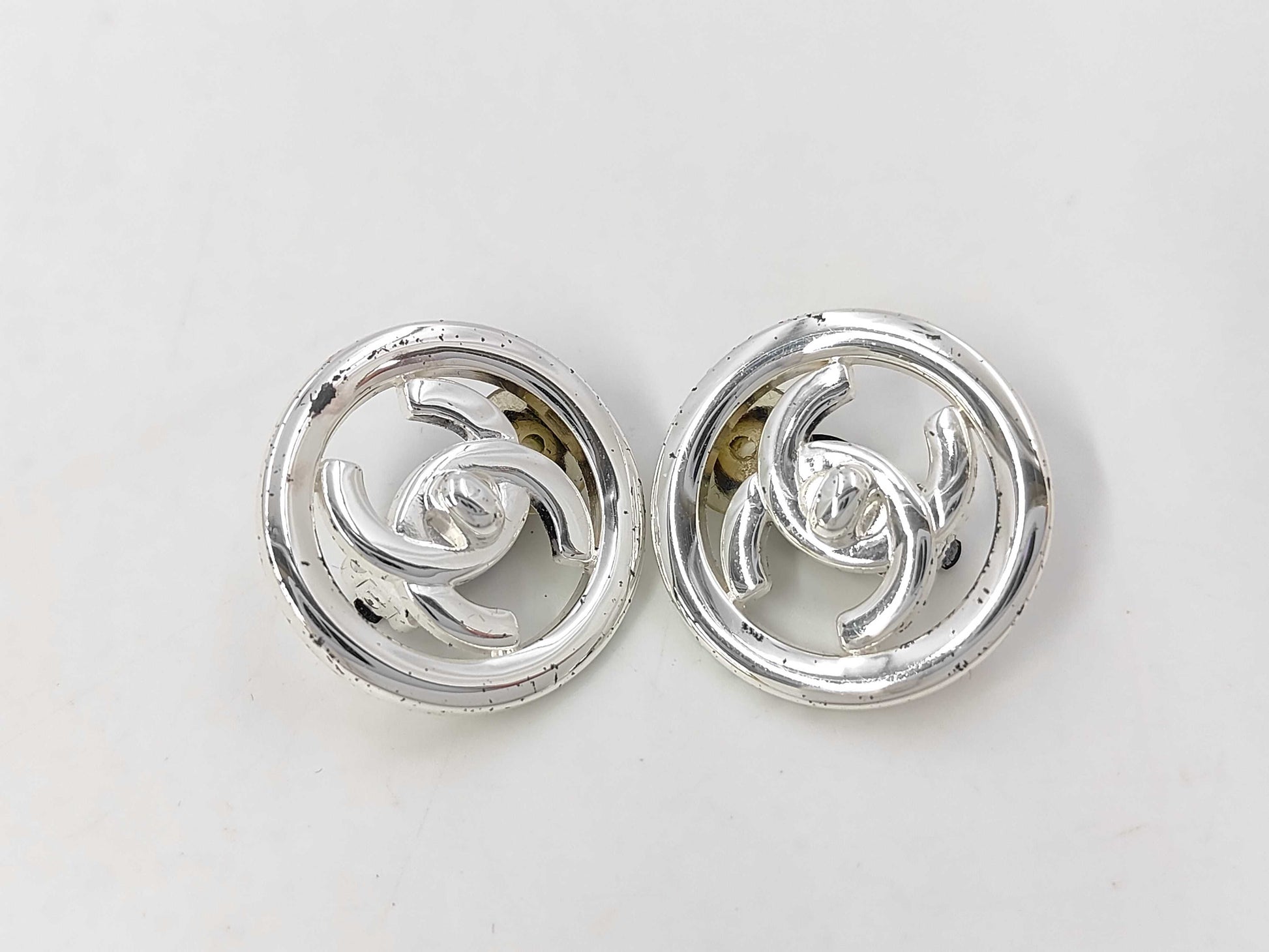 CHANEL Vintage Coco Mark Turn Lock Silver Color Earrings