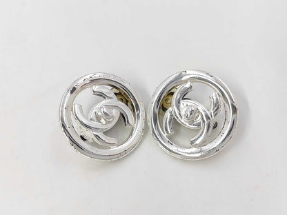 CHANEL Vintage Coco Mark Turn Lock Silver Color Earrings