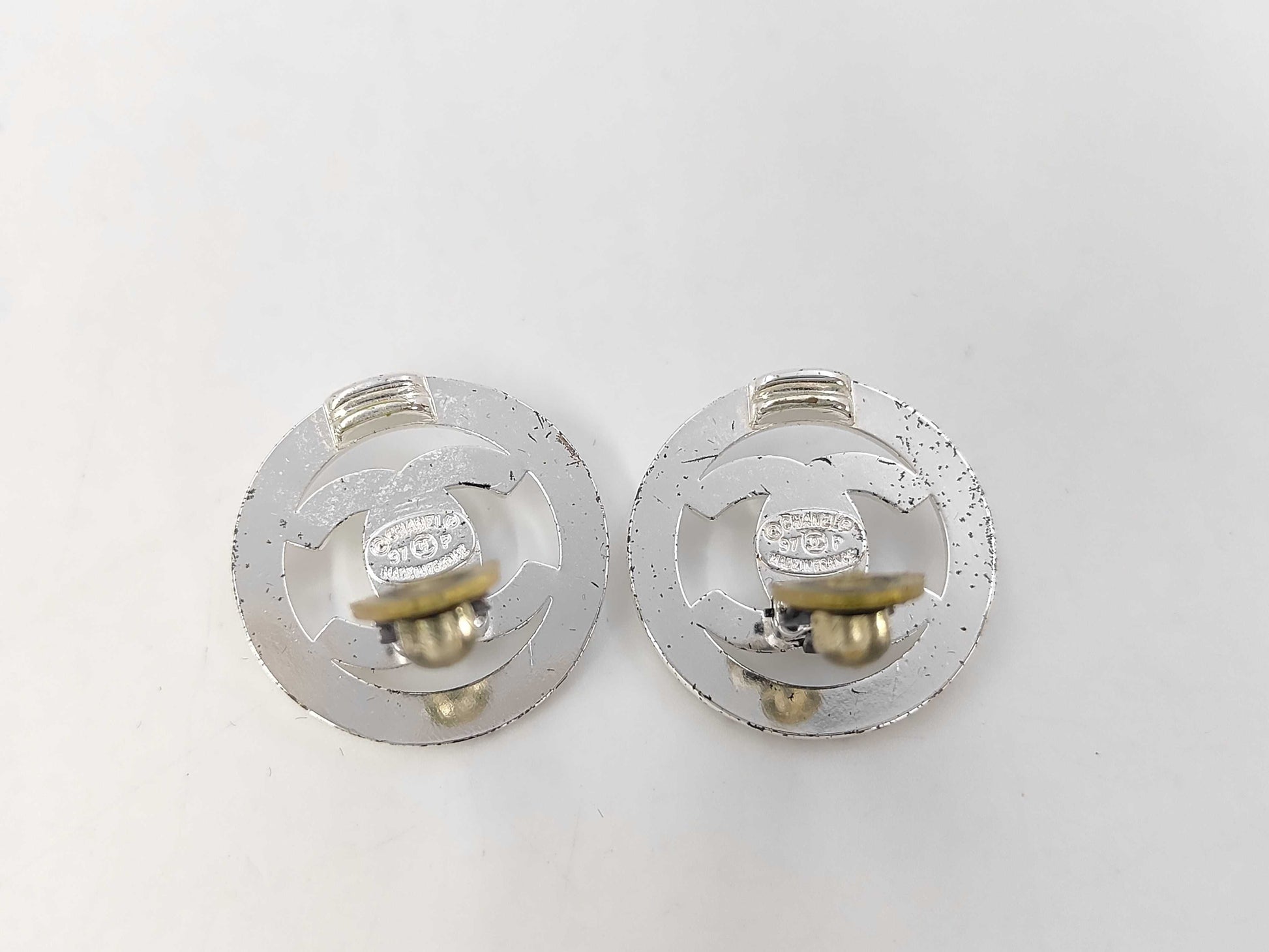 CHANEL Vintage Coco Mark Turn Lock Silver Color Earrings