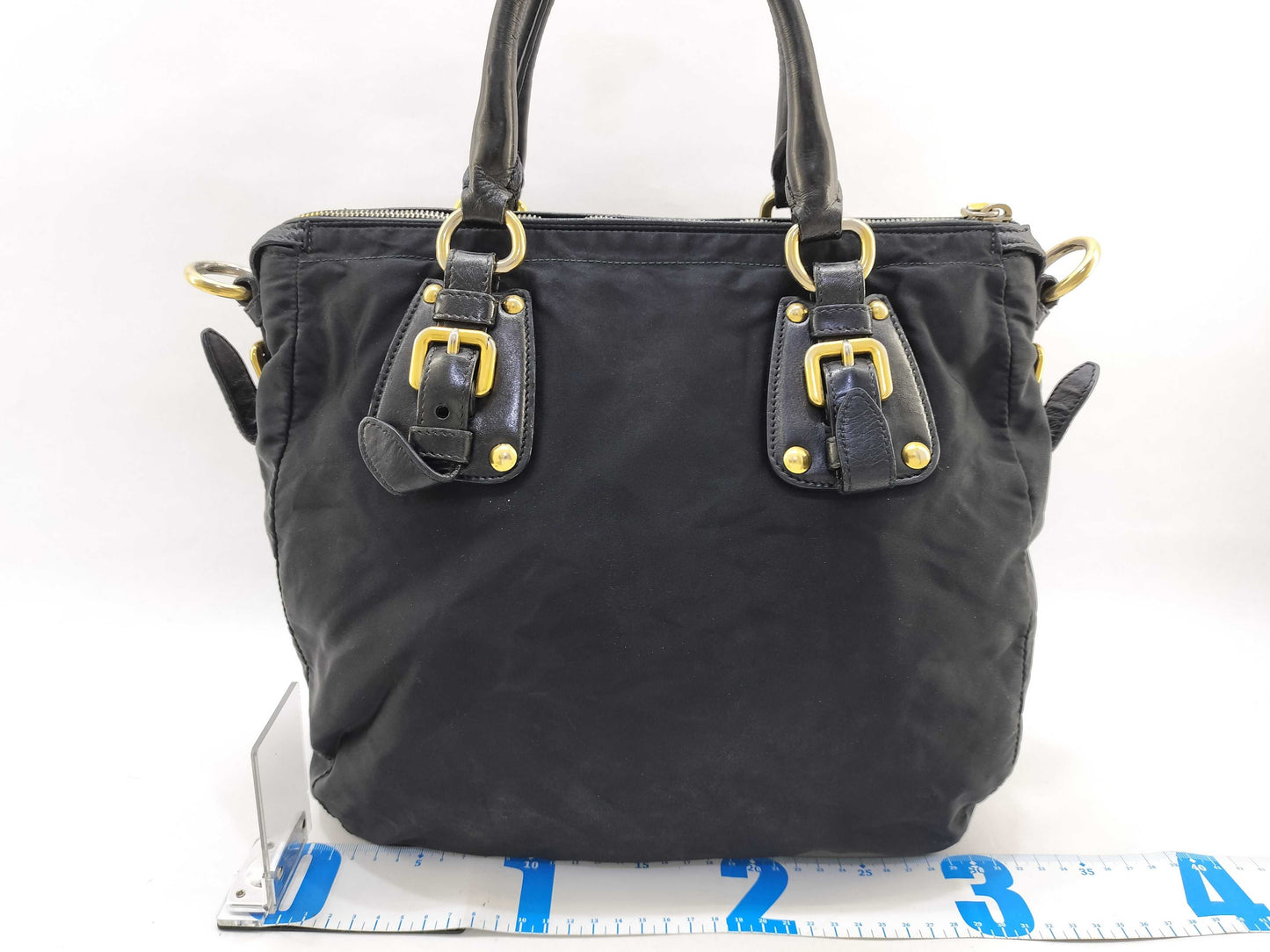 PRADA Nylon Tote Bag with Logo Plate in Black