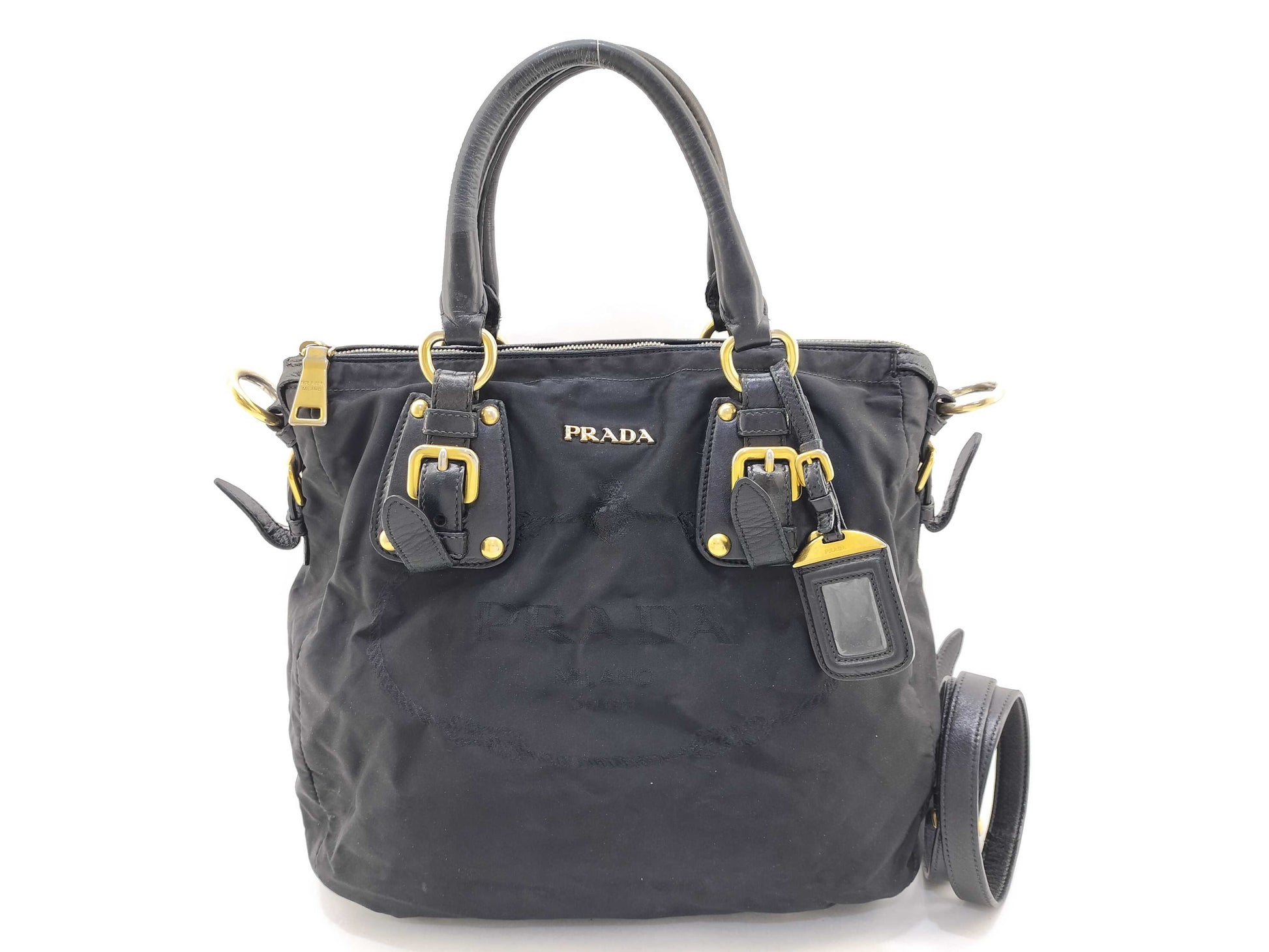 PRADA Nylon Tote Bag with Logo Plate in Black