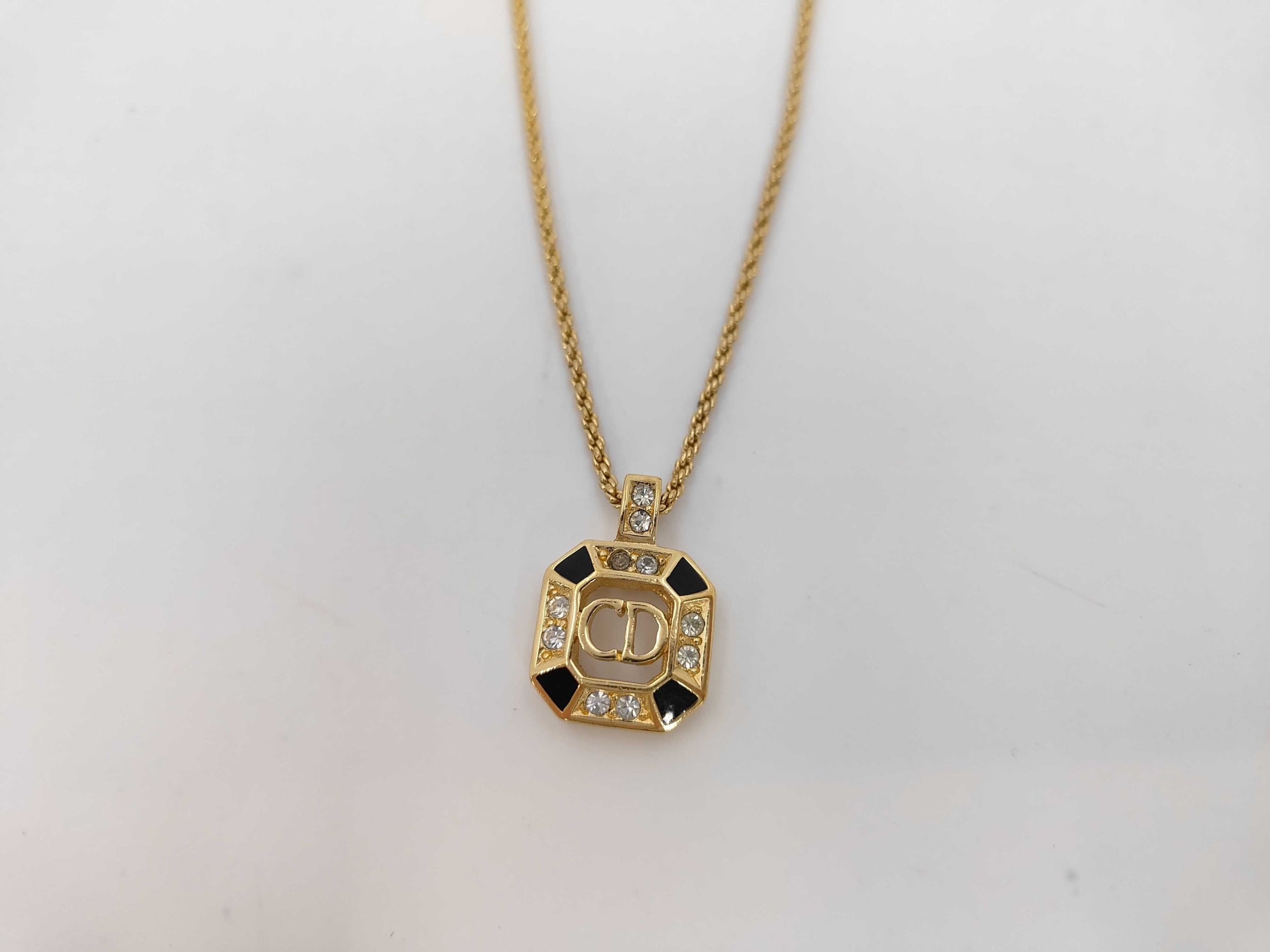 Dior CD Logo Octagon Rhinestone & Black Necklace