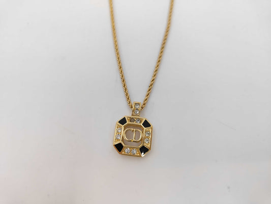 Dior CD Logo Octagon Rhinestone & Black Necklace