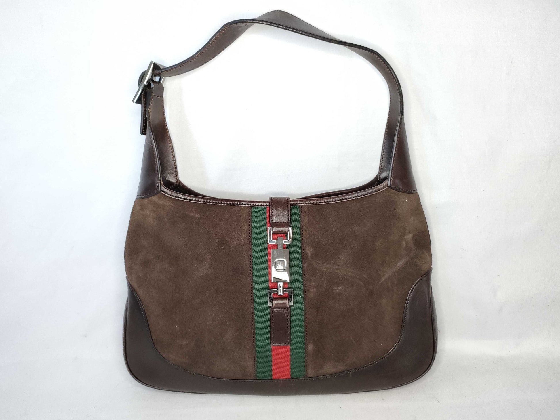 GUCCI Jackie Shoulder Bag with Shelly Line Hardware, Brown Suede, 00963 Shoulder Bag