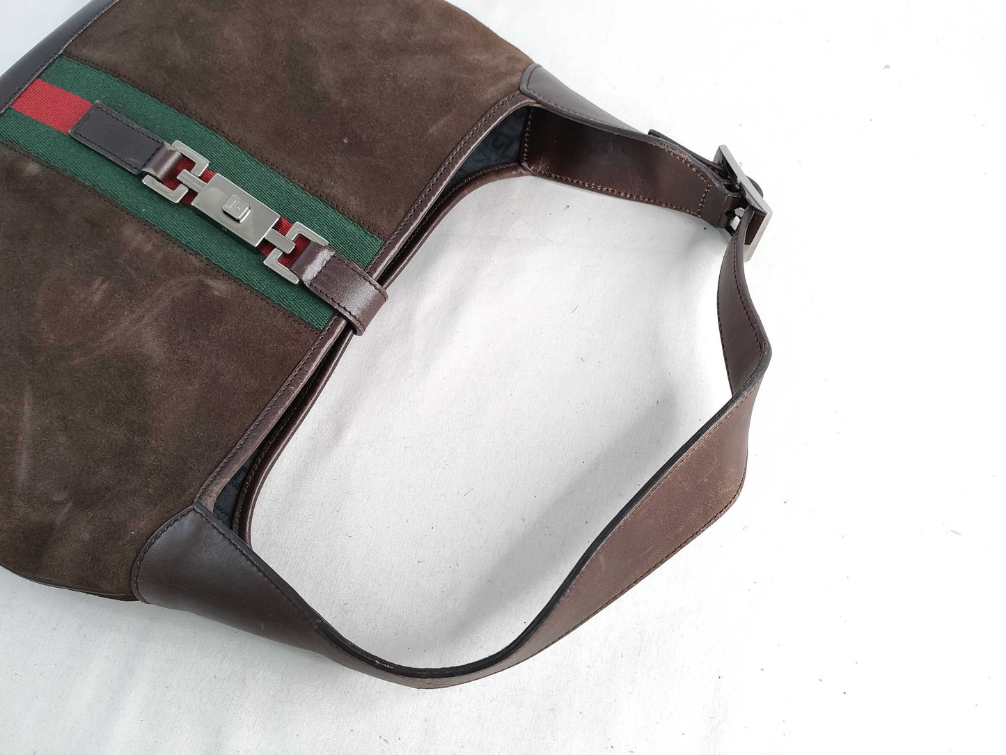 GUCCI Jackie Shoulder Bag with Shelly Line Hardware, Brown Suede, 00963 Shoulder Bag