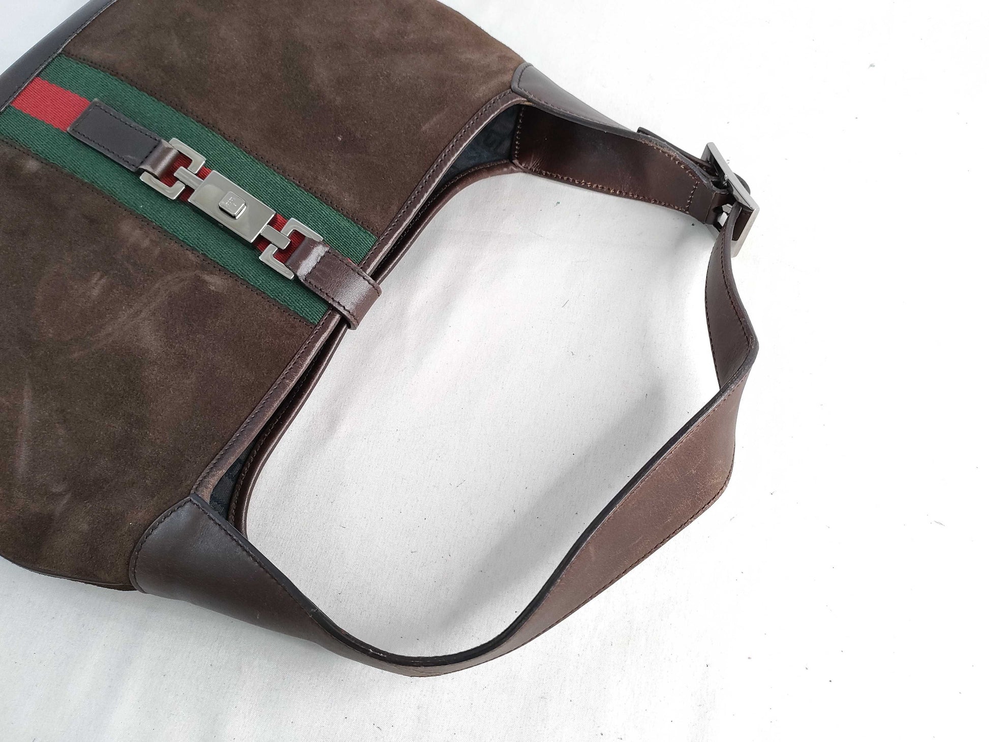 GUCCI Jackie Shoulder Bag with Shelly Line Hardware, Brown Suede, 00963 Shoulder Bag