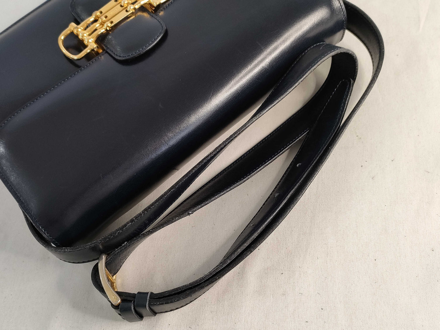 CELINE 3-way Horsebit Leather Shoulder Bag in Navy
