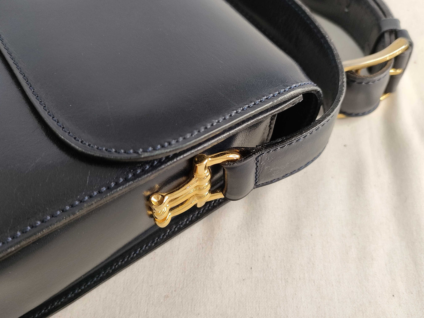 CELINE 3-way Horsebit Leather Shoulder Bag in Navy