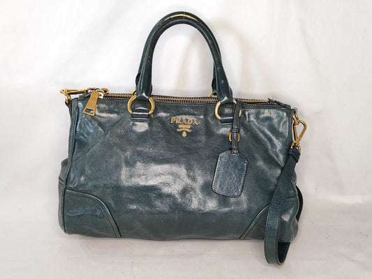 PRADA Prada 2-Way Vitello Leather Shoulder Bag, Blue, Handbag