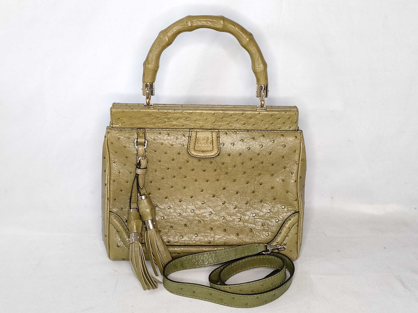 GUCCI Gucci 2-Way Shoulder Bag, Ostrich Leather, Green with Tassel, 308385, Handbag