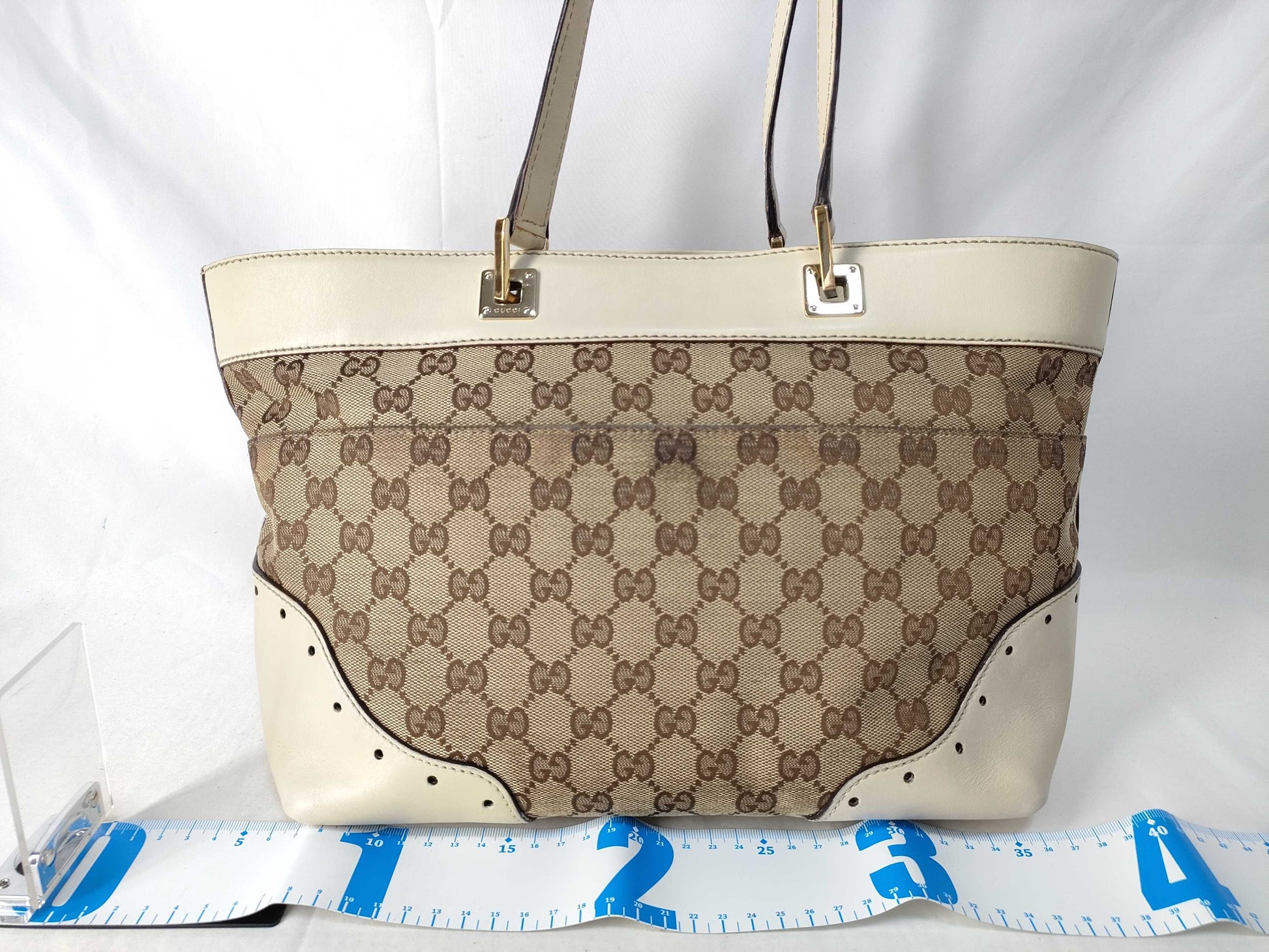 GUCCI GUCCI Tote Bag GG Canvas White Leather Tote Bag