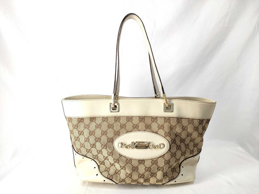 GUCCI GUCCI Tote Bag GG Canvas White Leather Tote Bag
