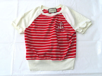 GUCCI Cotton T-Shirt, Size Small, Red and White, 624764, Border, Anchor Patch, Tagless