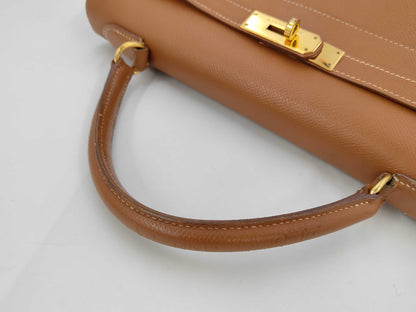 HERMES Kelly 32 Epson Gold 2-Way Handbag with W Engraving and ST Strap, Shoulder Bag