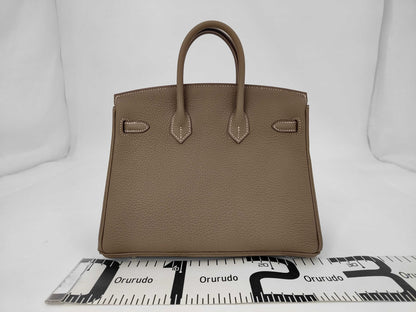 HERMES Birkin 25 Etoupe Matte Silver Hardware K Stamp Handbag