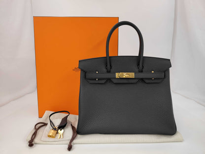 HERMES Birkin 30 Taurillon Clemence Black Gold Hardware K Stamp Handbag
