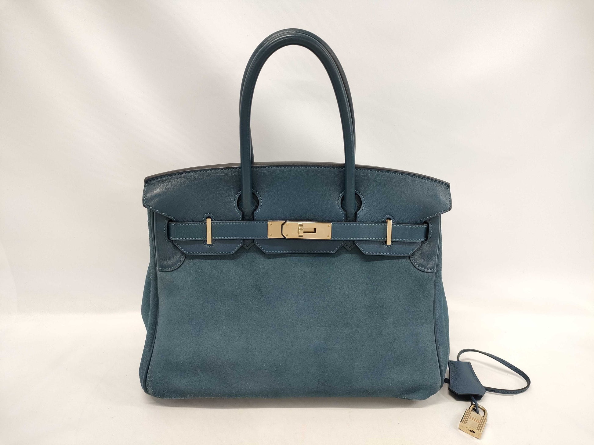 HERMES Birkin 30 Blue Thalassa Gold Hardware Handbag