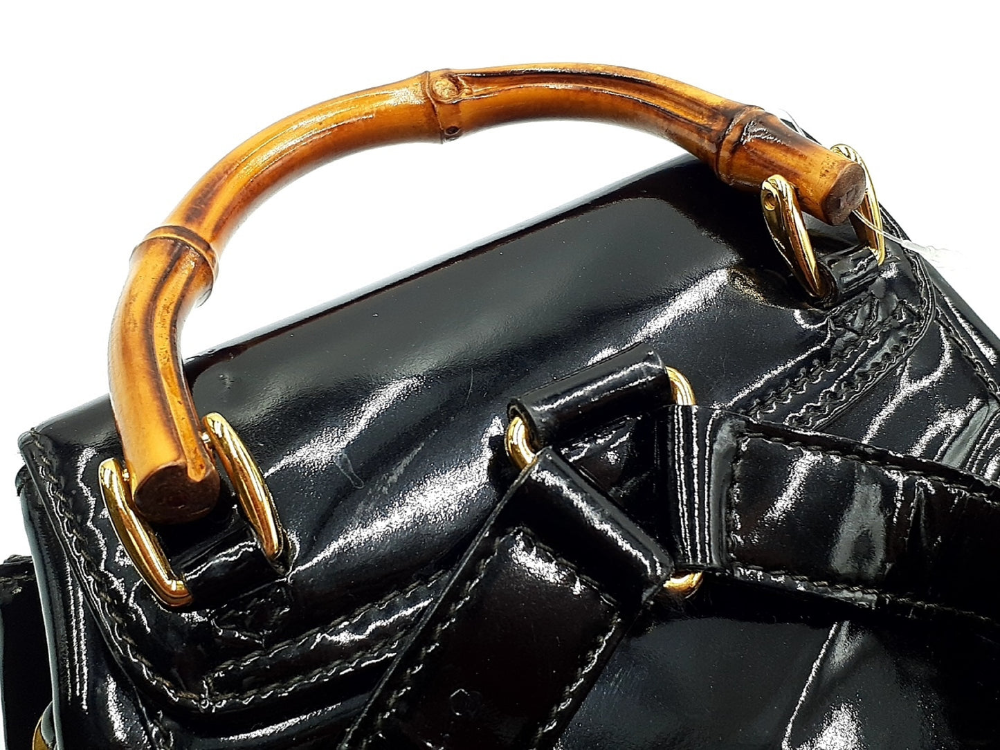 GUCCI Bamboo Backpack in Black Patent Leather with Gold Hardware 003.2058