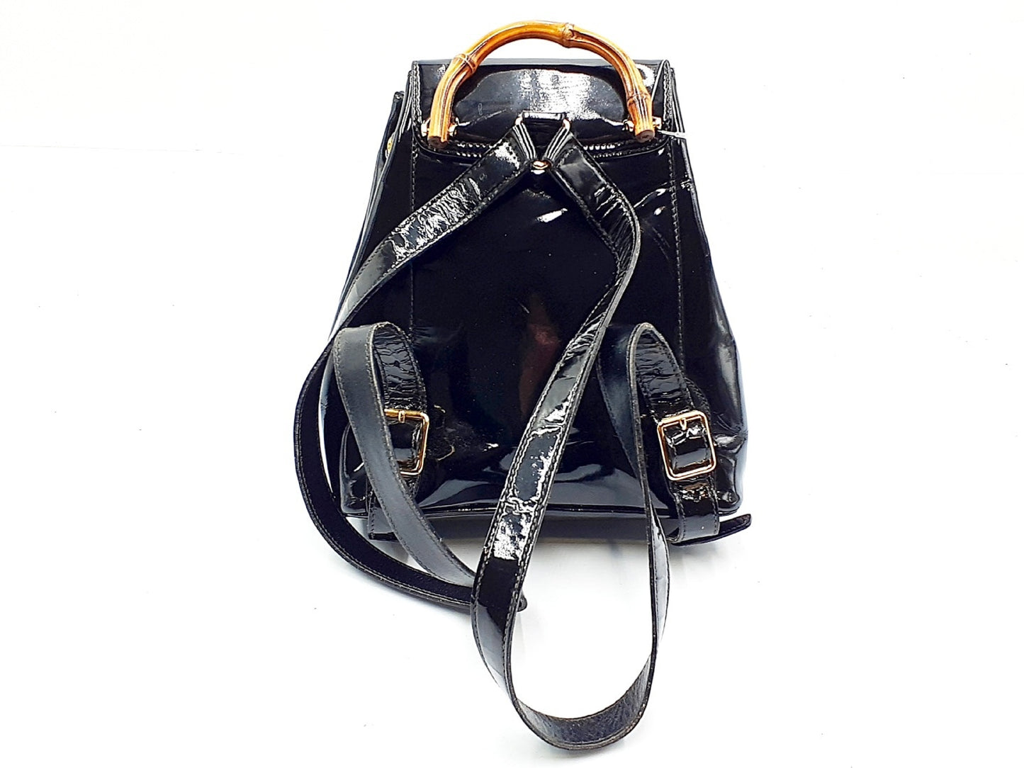 GUCCI Bamboo Backpack in Black Patent Leather with Gold Hardware 003.2058