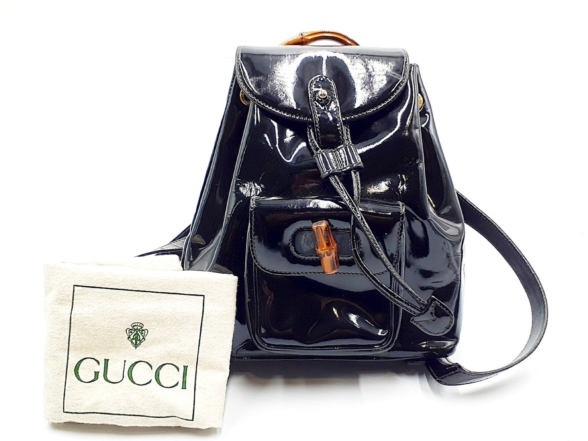 GUCCI Bamboo Backpack in Black Patent Leather with Gold Hardware 003.2058