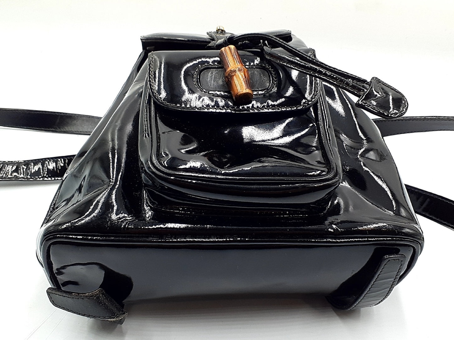 GUCCI Bamboo Backpack in Black Patent Leather with Gold Hardware 003.2058
