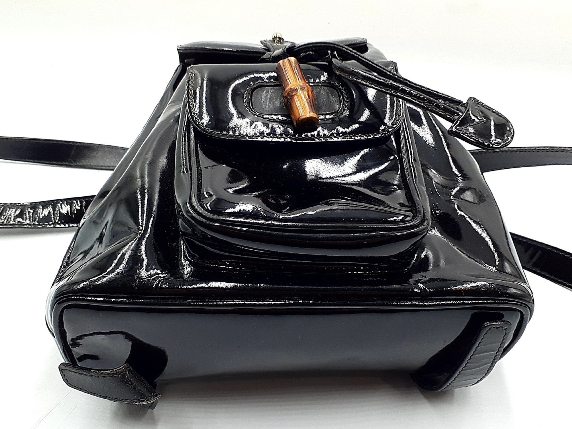 GUCCI Bamboo Backpack in Black Patent Leather with Gold Hardware 003.2058