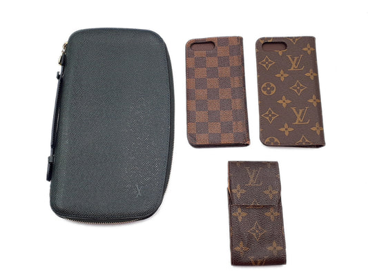 LOUIS VUITTON 4-Piece Set: Taiga Organizer, Monogram Cigarette Case, Damier Monogram iPhone Case, and Other Accessories